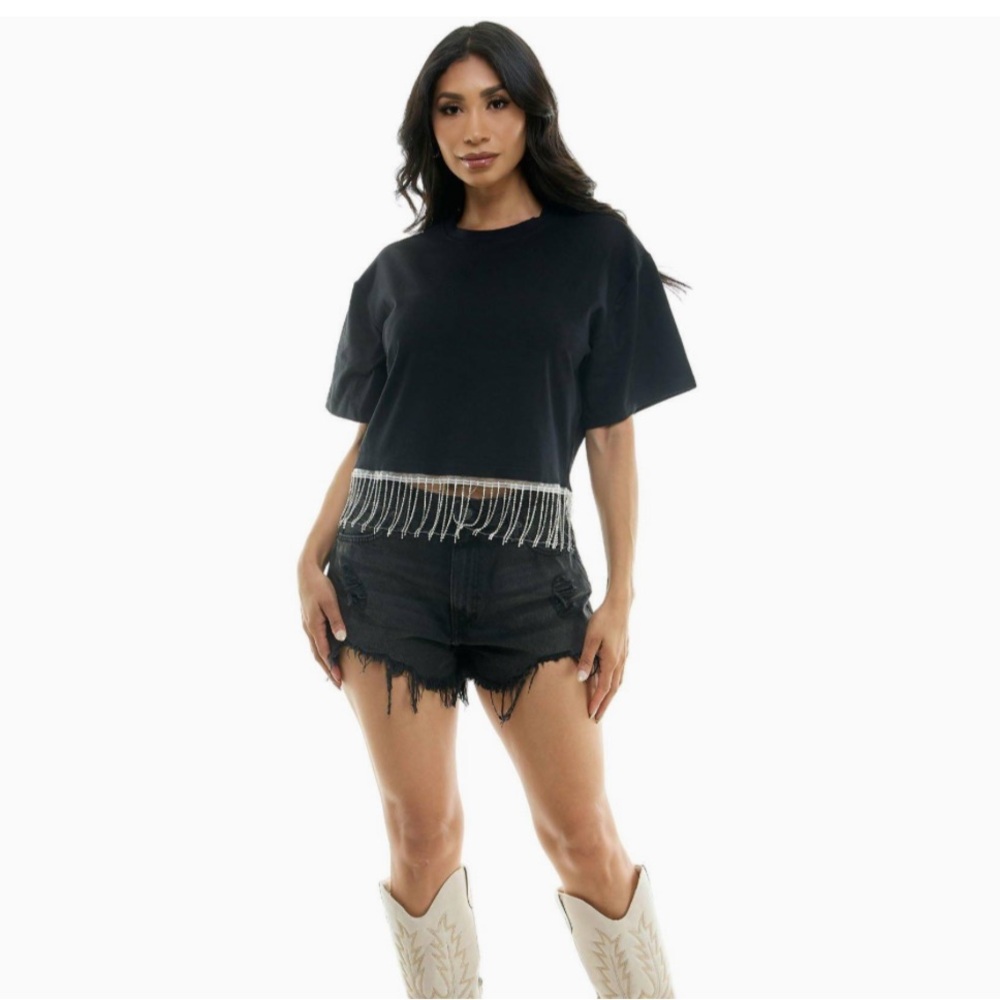 Women's Black Rhinestone Fringe T-Shirt